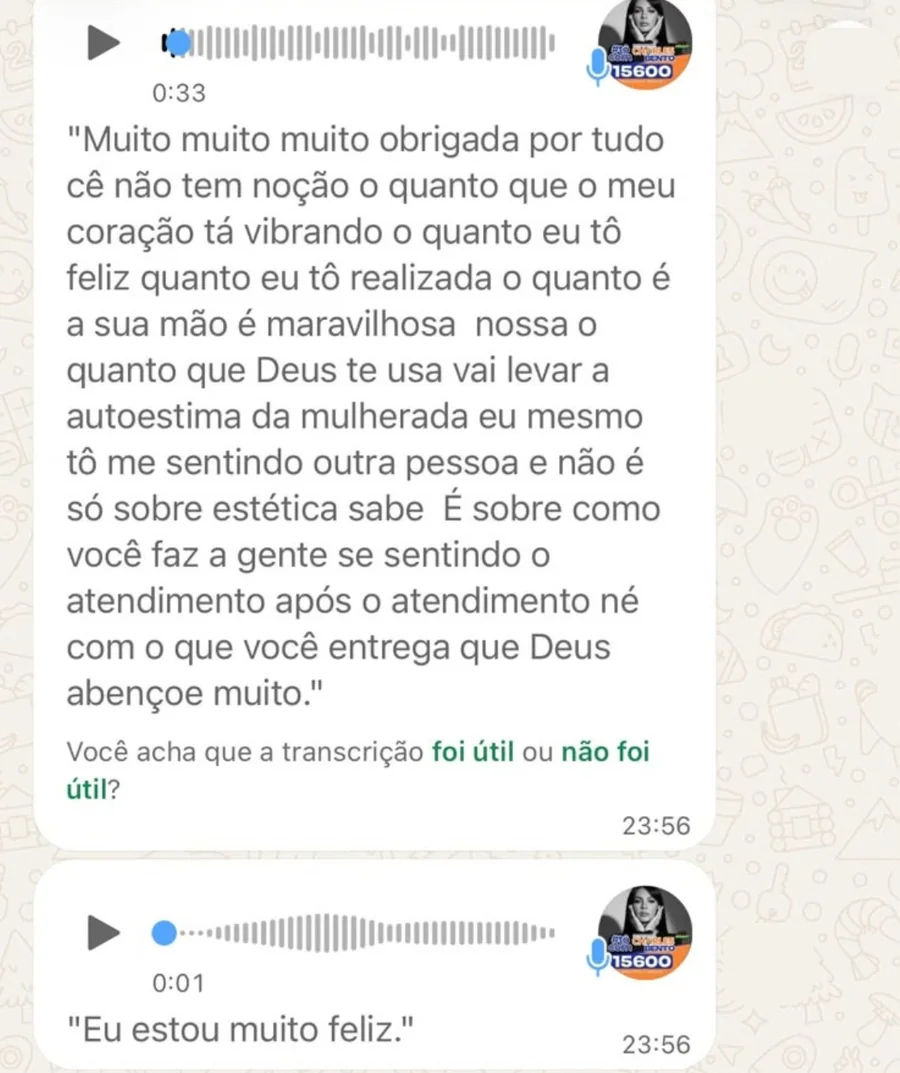 Transcrição de áudio de WhatsApp em que uma cliente agradece o atendimento